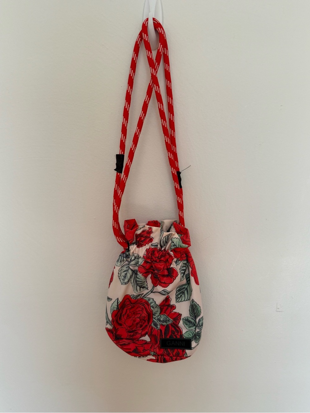 Ganni Red and Cream Floral Drawstring Mini Bag